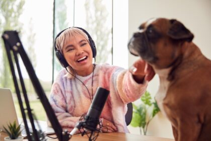 Woman Dog Podcast Mic Headset