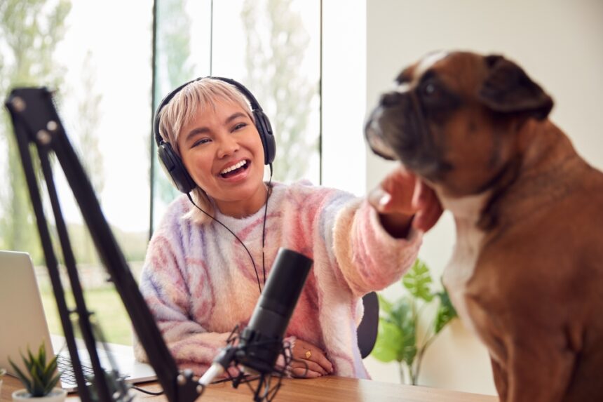 Woman Dog Podcast Mic Headset