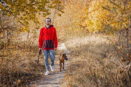 Handsome owner in casual clothes holding a leash while staying with his dog